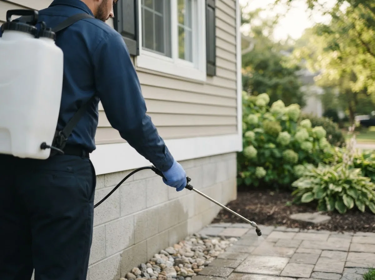 Pest control technician inspecting a home in Lemoyne, NE